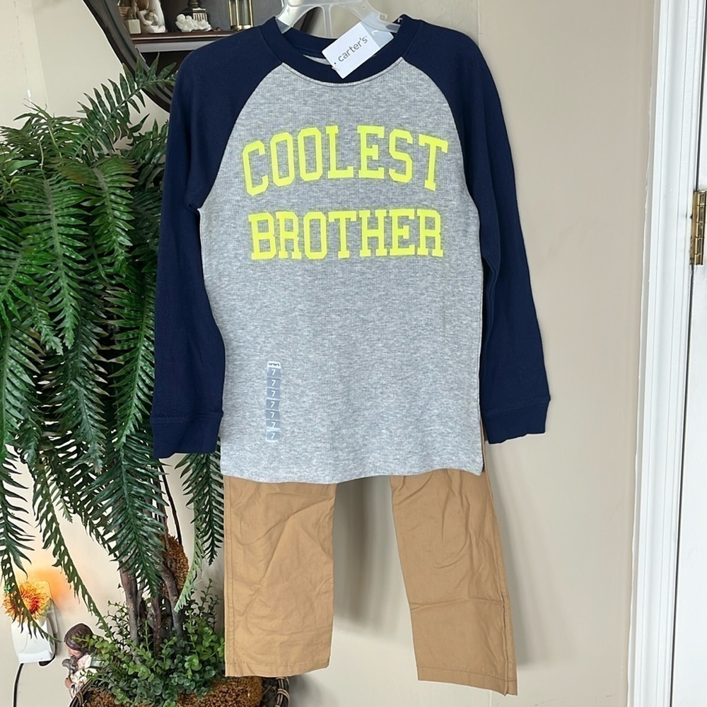 Brand New Carter’s Coolest Brother 2-Piece Set Henley Khaki Drawstring Pants